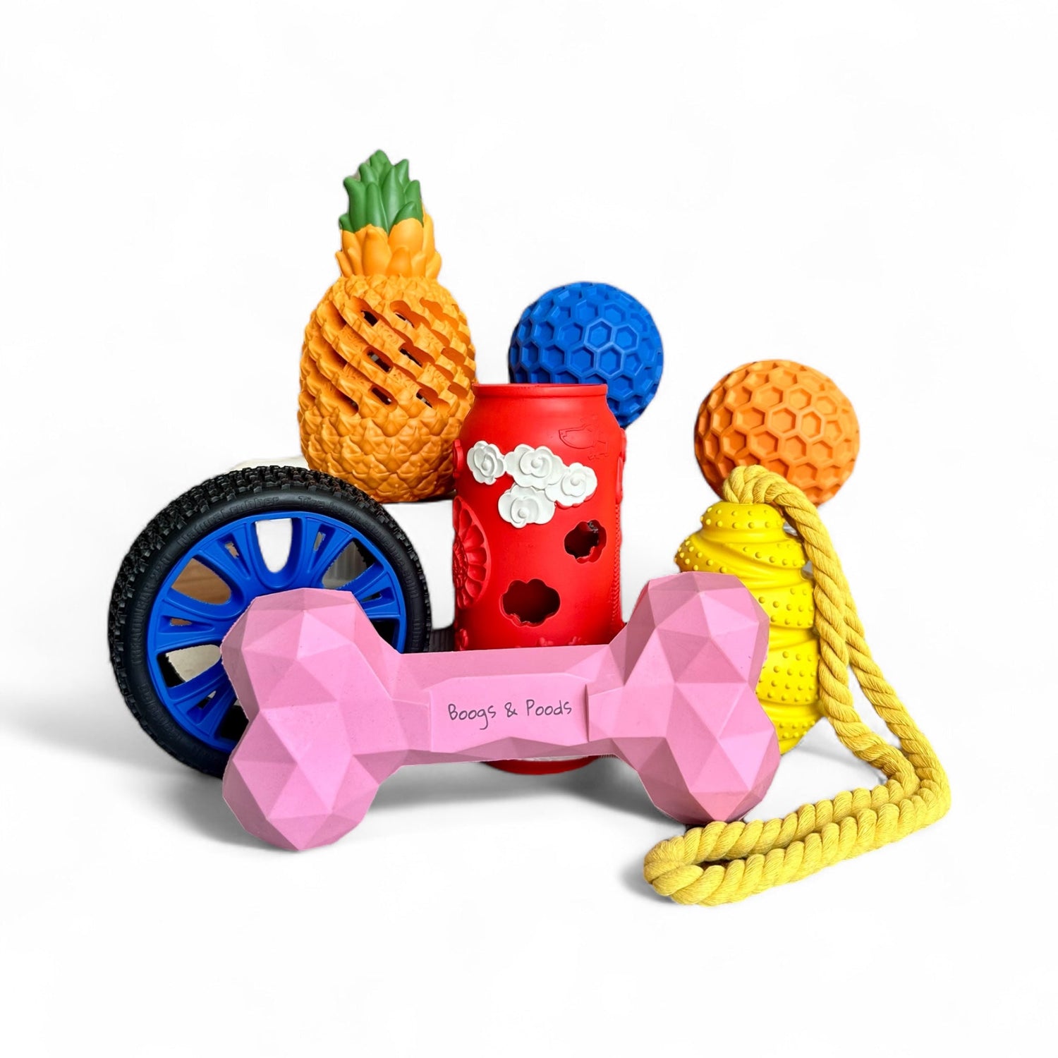 Group of tough dog toys on a white background.