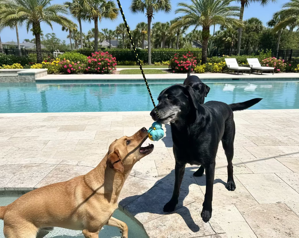 Two dogs playing with a recycled rubber octopus toy in the pool. 