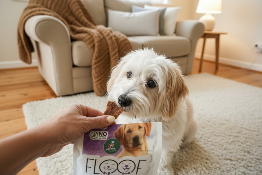 Dog sniffing a bag of Floof chicken wafers on a patterned rug.
