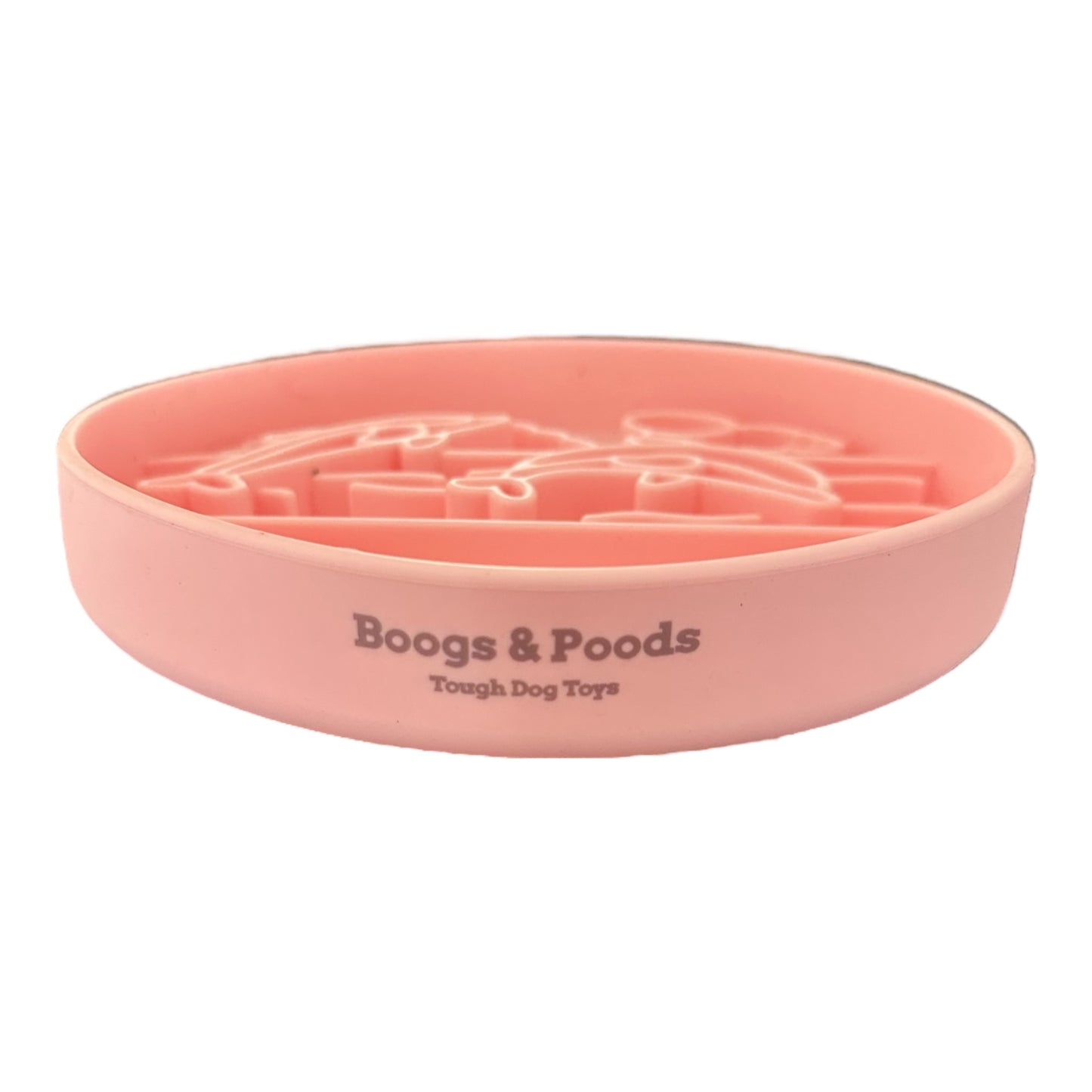 Side view of Pink silicone slower feeder bowl with 'Boogs & Poods' branding, on a white background