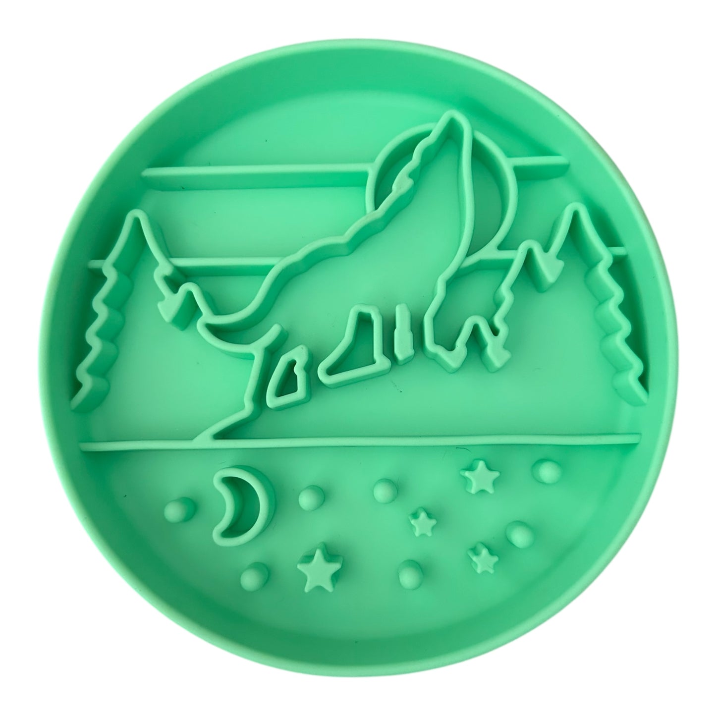 Mint silicone Dog Slow feeder bowl with mountain and wolf design. 