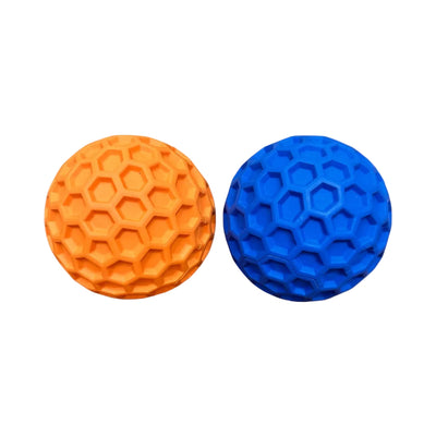 Orange and blue textured balls on a white background