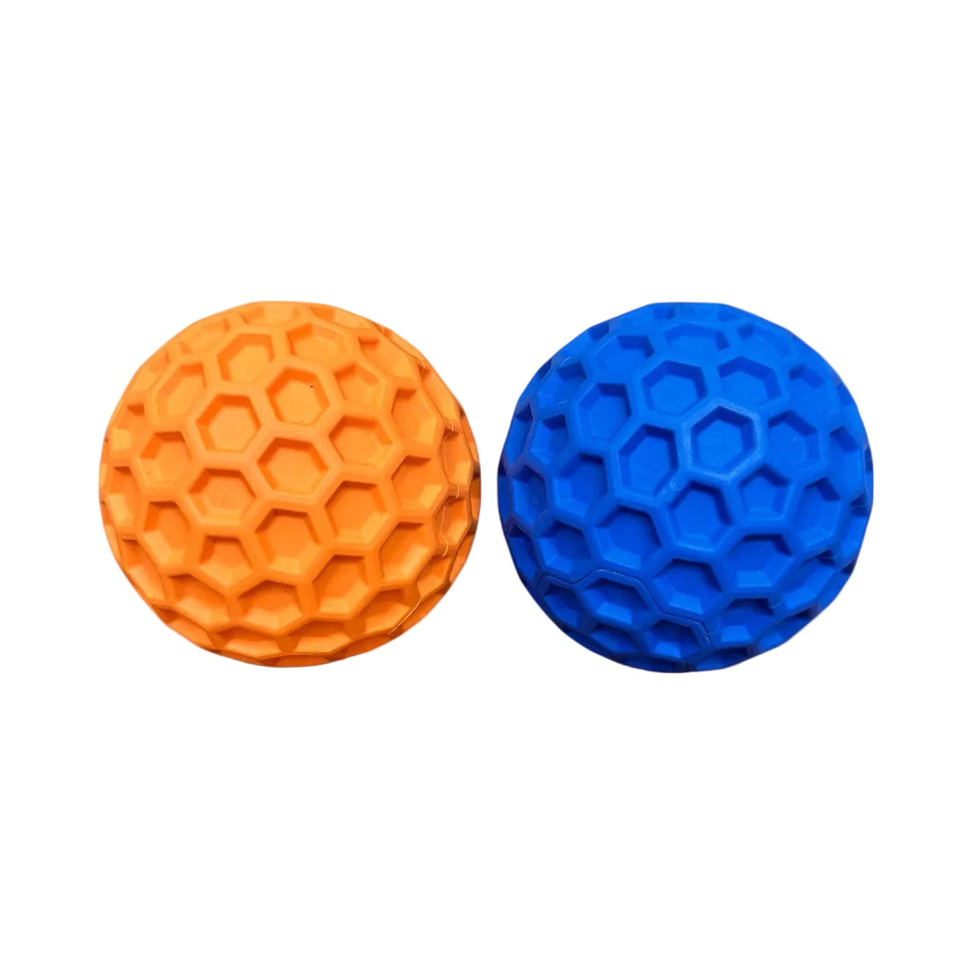 Orange and blue textured balls on a white background