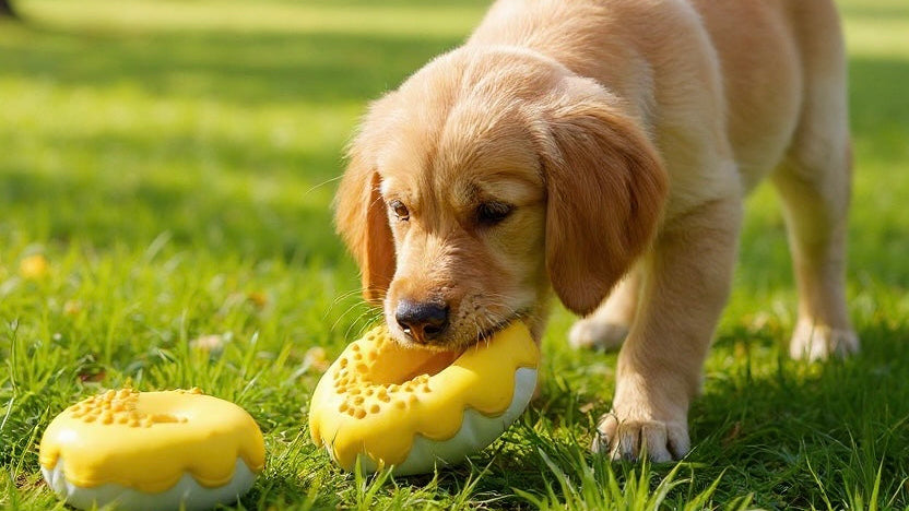 Puppy playing with a yellow dog toy on a grassy field
