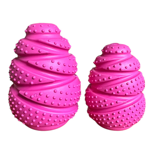 Two pink textured dog toys on a white background