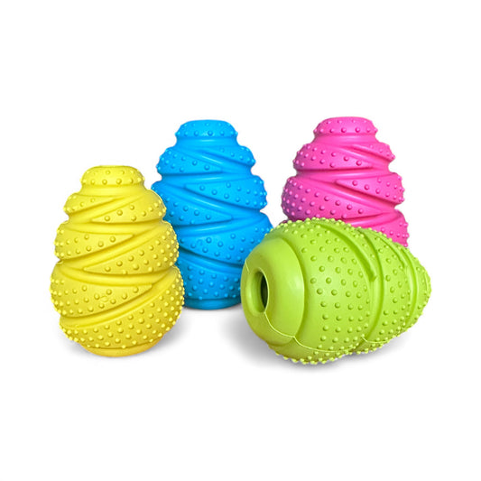 Four colorful textured rubber dog toys on a white background