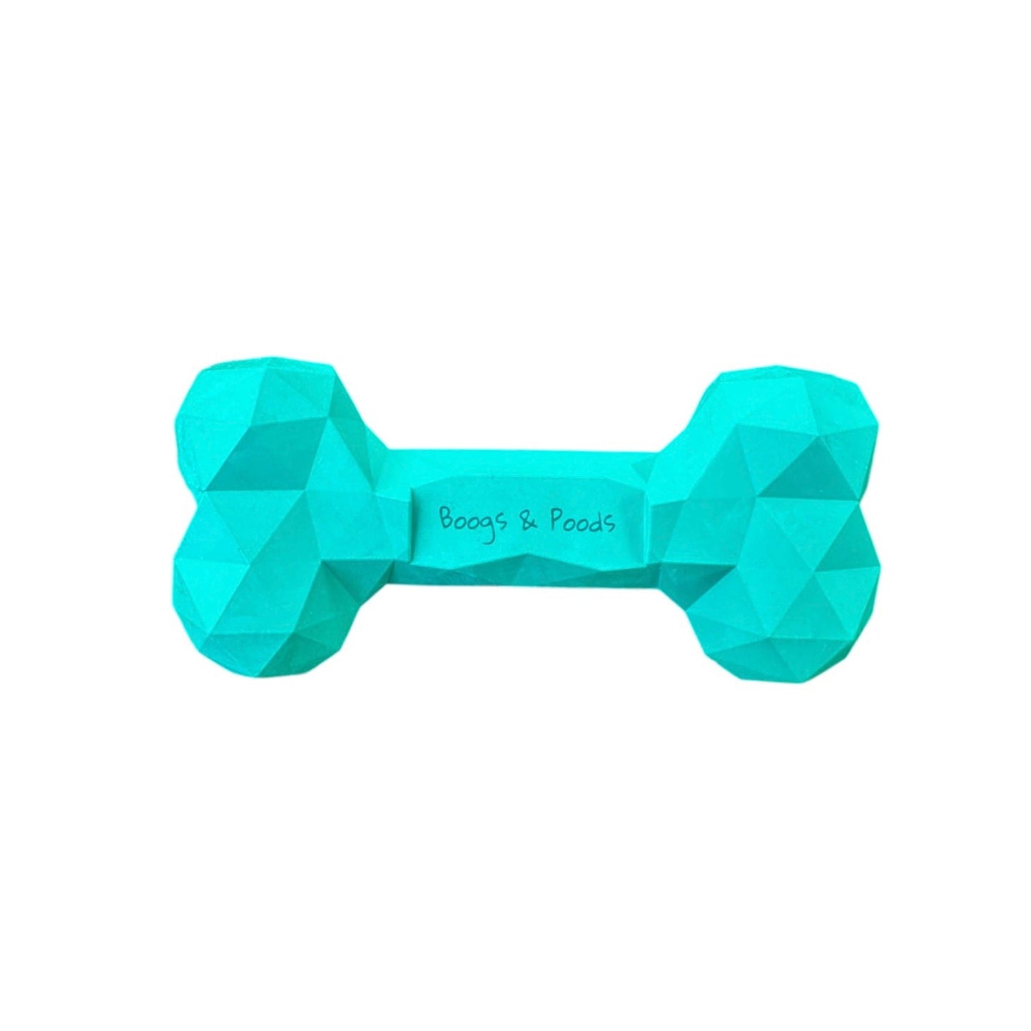 Aqua rubber dog bone with Boogs & Poods logo printed on it. 