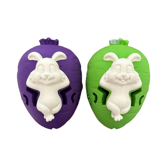 bunny rabbit and carrot chew toy made of natural rubber for dogs and puppies of all sizes and strengths
