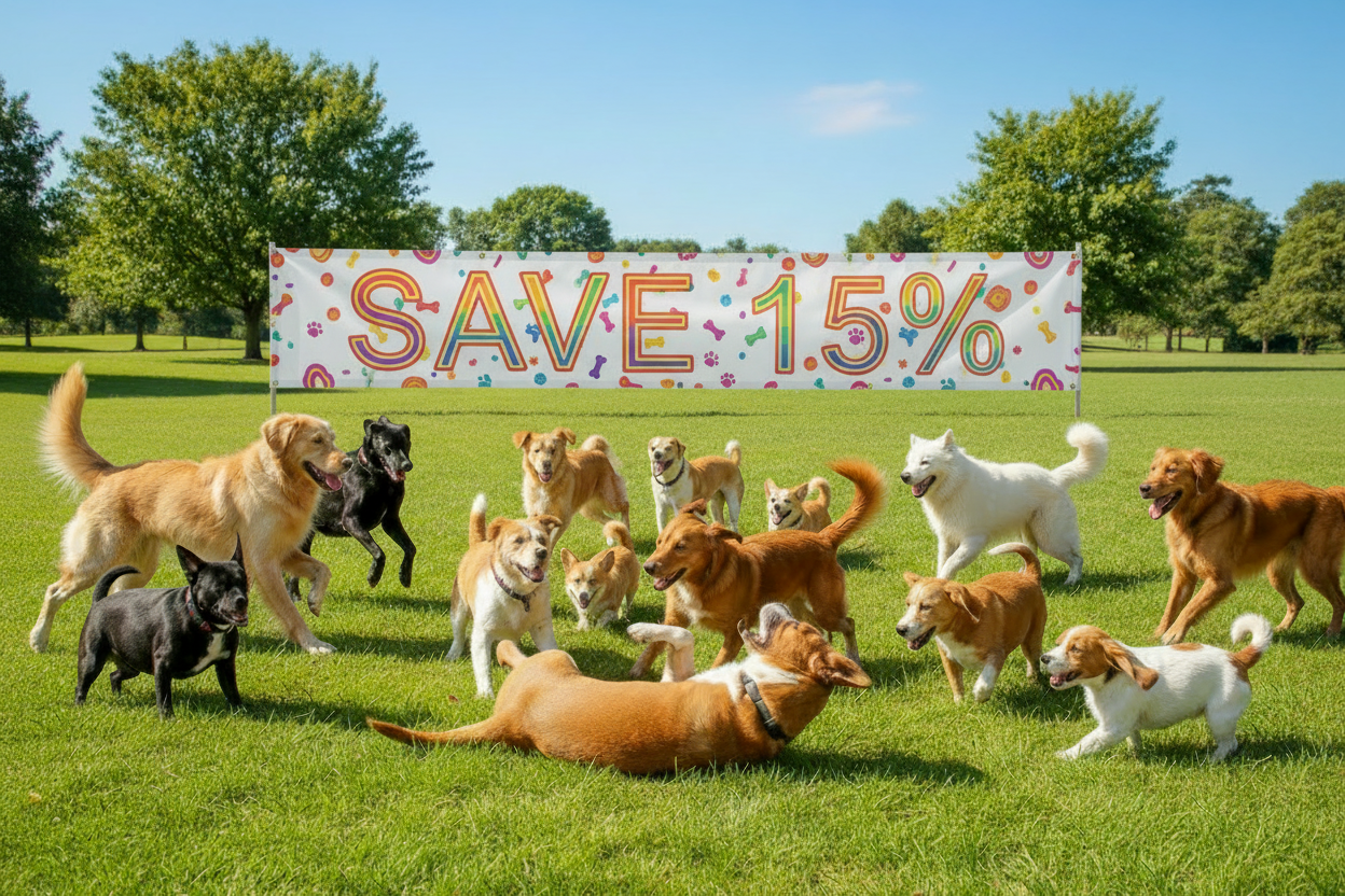 dogs playing in a park all excited about a 15% off deal.