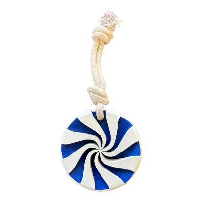 Blue and white rubber lollypop dog toy with a white rope.