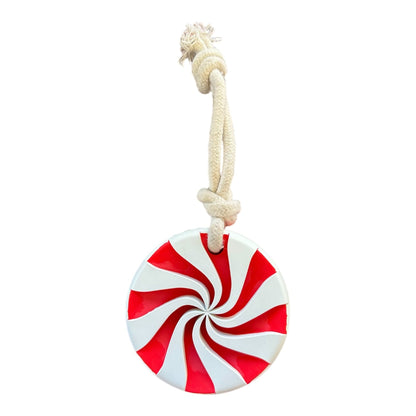 Red and white rubber lollypop dog toy on a white rope.