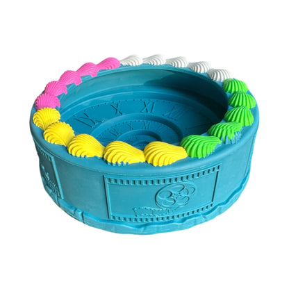 Rubber birthday cake bowl dog toy in blue.