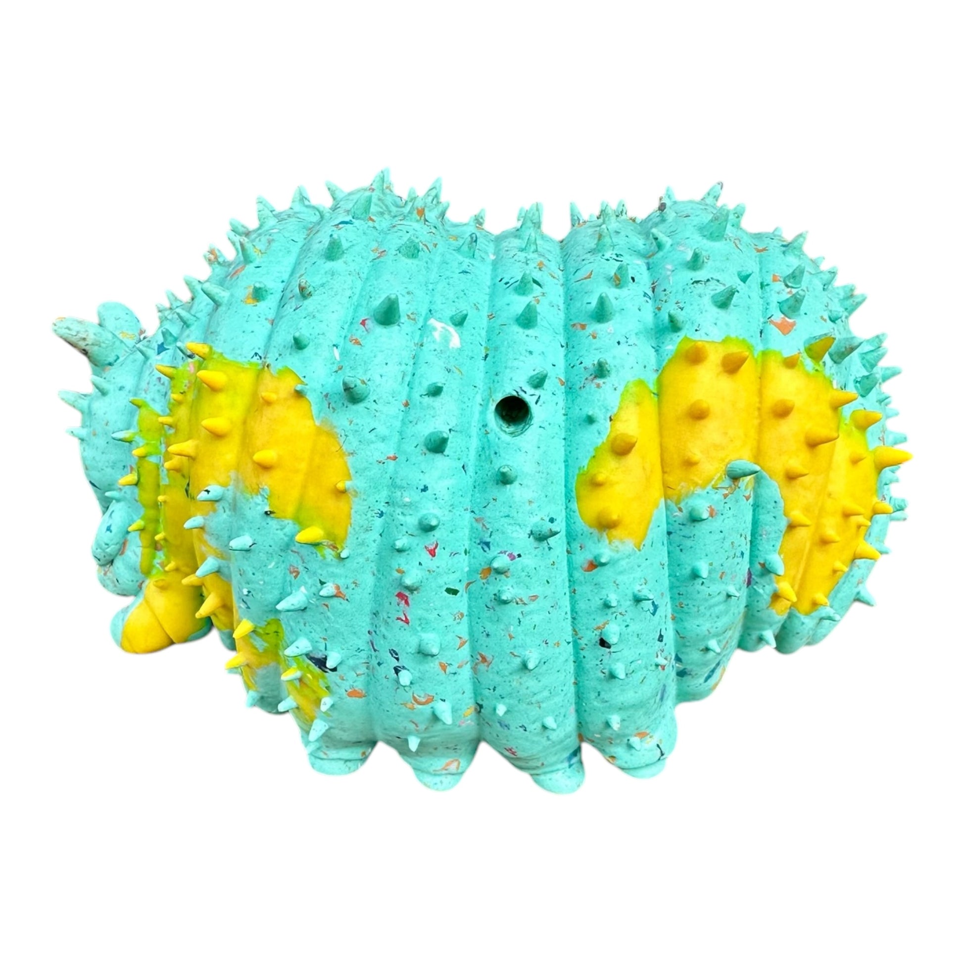 Light blue recycled rubber Caterpillar dog toy seen from the side. 