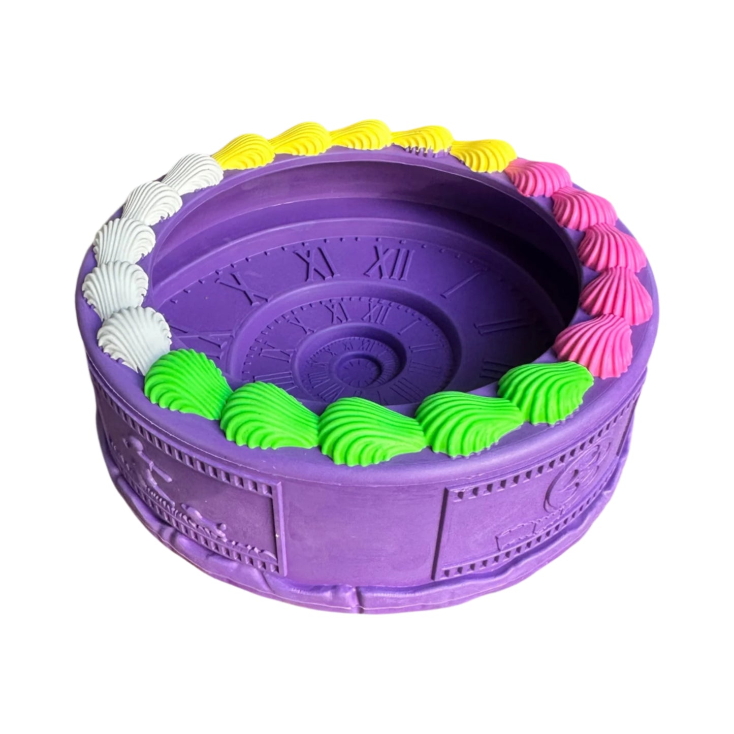 Purple rubber birthday cake bowl dog toy.