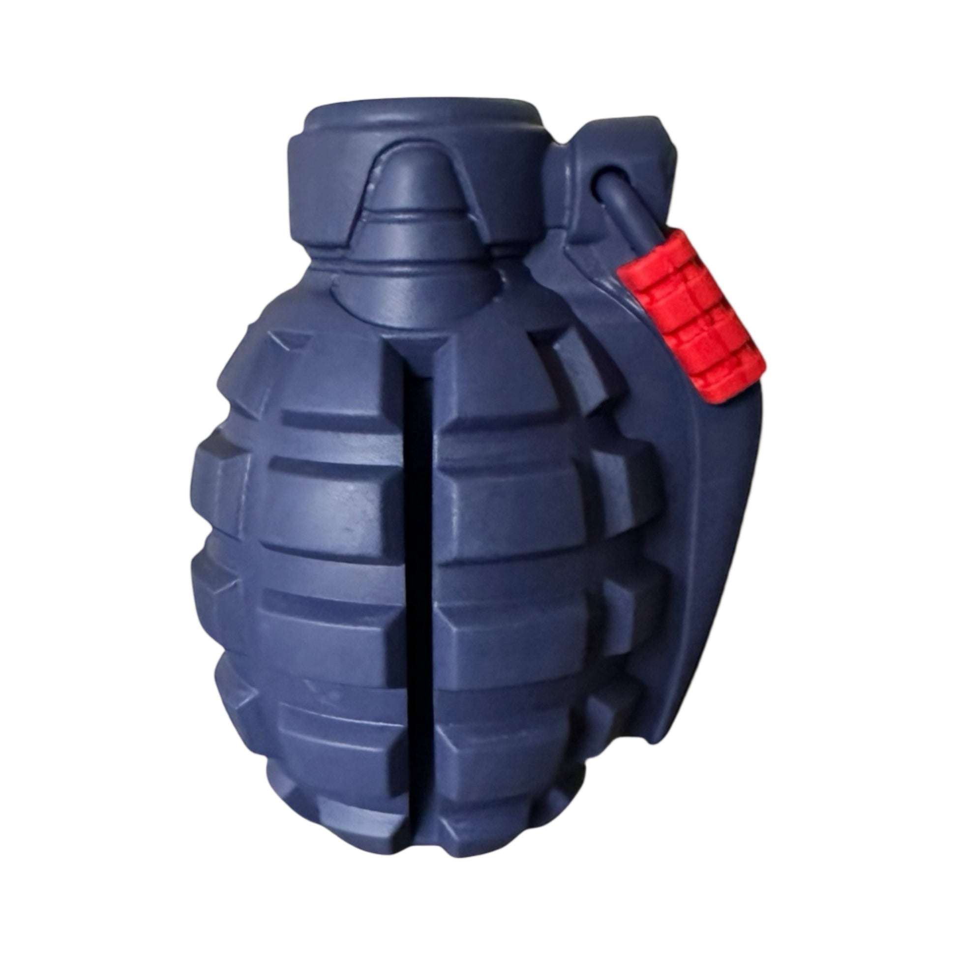 Blue rubber grenade dog toy.