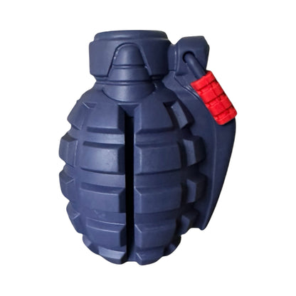 Blue rubber grenade dog toy.